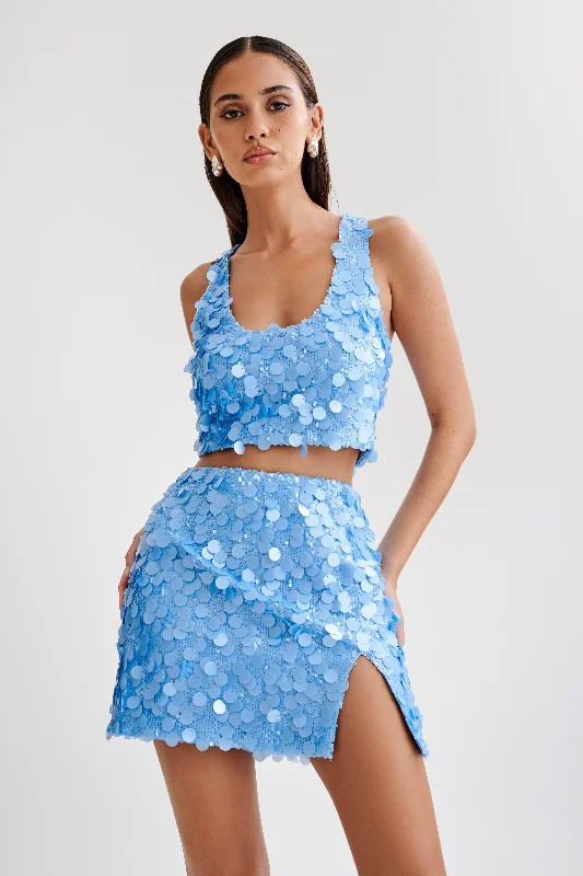 Maude Transparent Sequin Racer Crop Top - Cornflower Blue