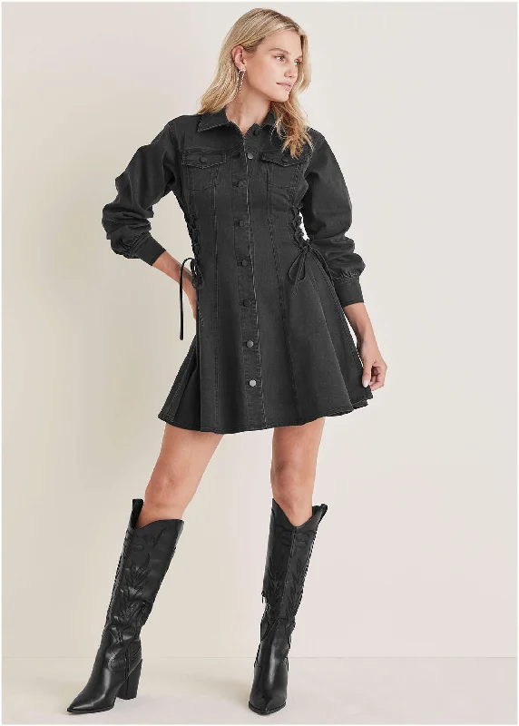 Lace-Up Denim Mini Dress - Black Wash